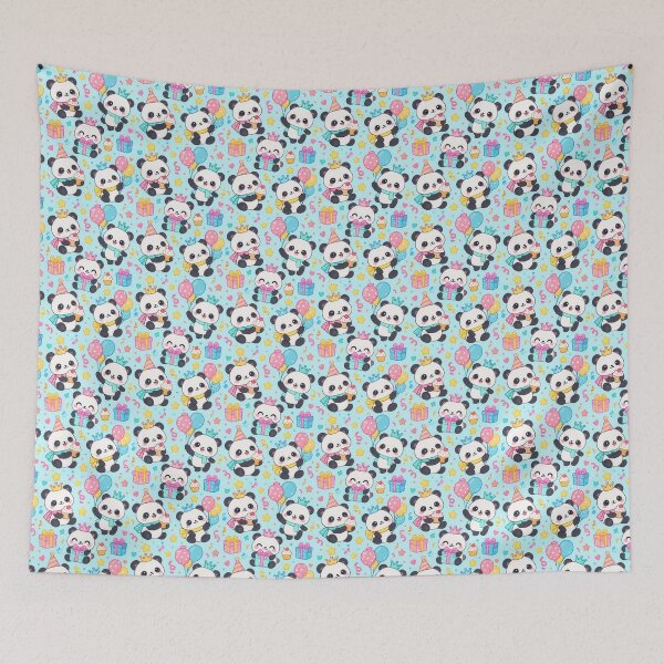 Item preview, Cute Kawaii Birthday Pandas with Party Crowns and Balloons Pastel Pattern designed and sold by Soft Berry Studio.