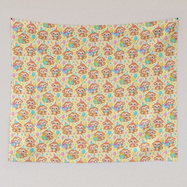 Item preview, Cute Kawaii Birthday Monkeys with Party Hats and Gifts Pastel Pattern designed and sold by Soft Berry Studio.