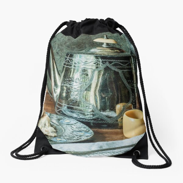 Still life with silver teapot Drawstring Bag