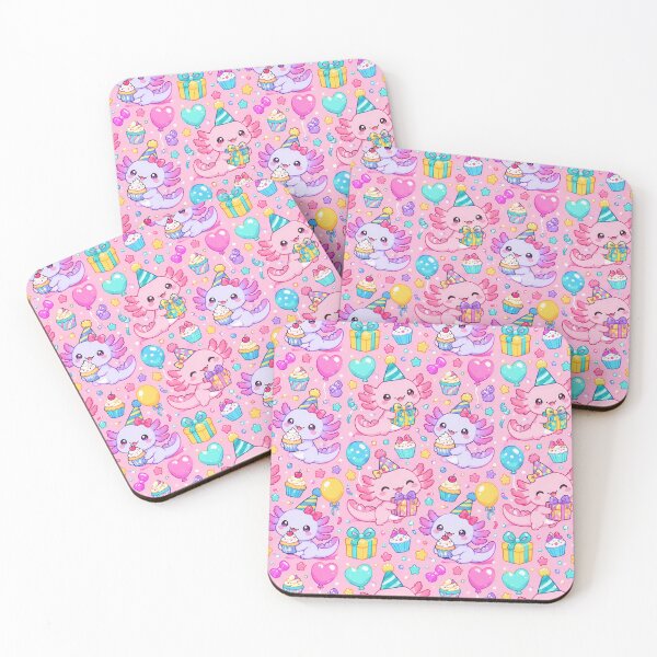 Item preview, Cute Kawaii Birthday Axolotls with Balloons and Gifts Pastel Pattern designed and sold by Soft Berry Studio.