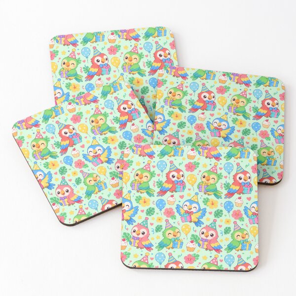 Item preview, Cute Kawaii Birthday Parrots with Tropical Flowers and Balloons Pastel Pattern designed and sold by Soft Berry Studio.