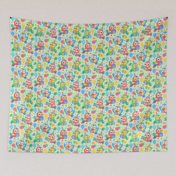 Item preview, Cute Kawaii Birthday Parrots with Tropical Flowers and Balloons Pastel Pattern designed and sold by Soft Berry Studio.