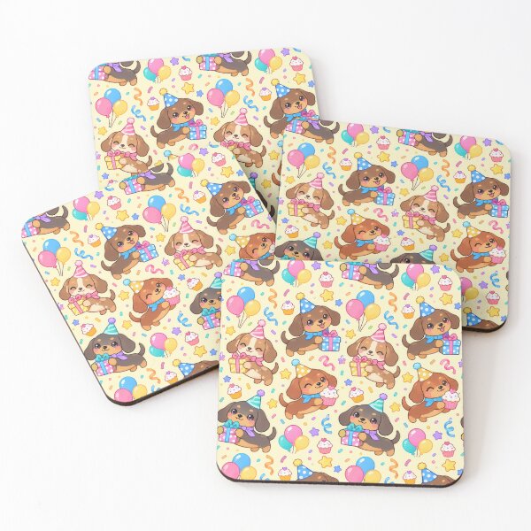 Item preview, Cute Kawaii Birthday Dachshund Puppies with Party Hats and Gifts Pastel Pattern designed and sold by Soft Berry Studio.