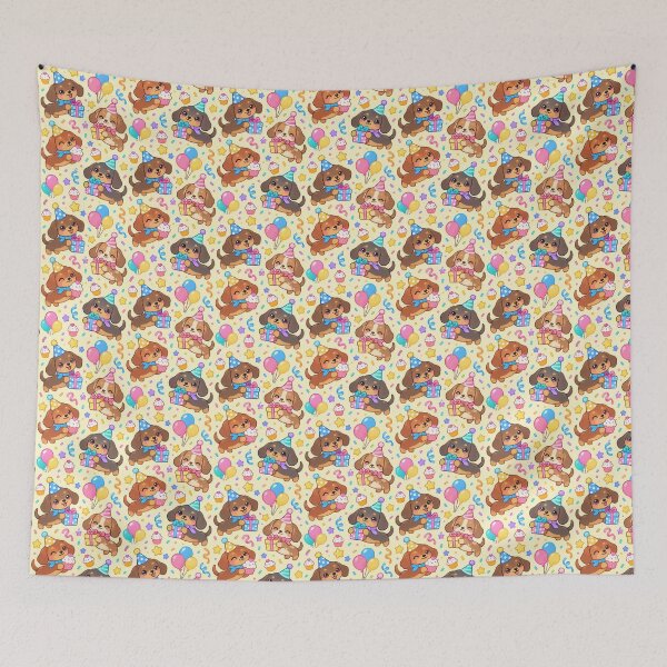 Item preview, Cute Kawaii Birthday Dachshund Puppies with Party Hats and Gifts Pastel Pattern designed and sold by Soft Berry Studio.