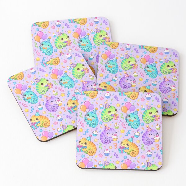Item preview, Cute Kawaii Birthday Chameleons with Party Hats and Balloons Pastel Pattern designed and sold by Soft Berry Studio.