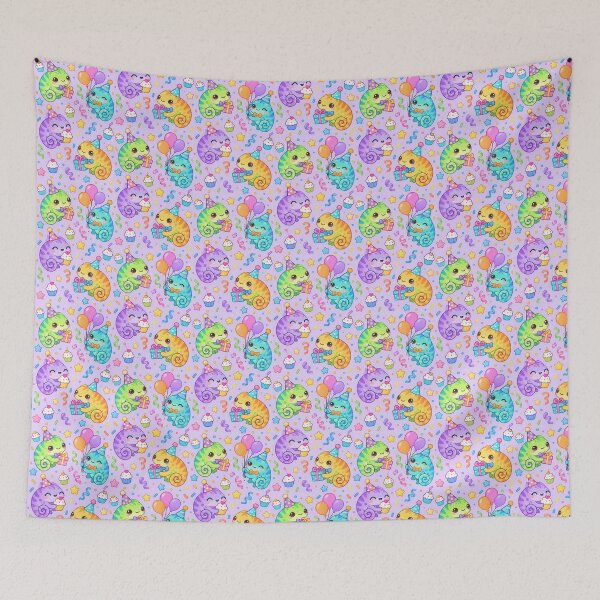 Item preview, Cute Kawaii Birthday Chameleons with Party Hats and Balloons Pastel Pattern designed and sold by Soft Berry Studio.
