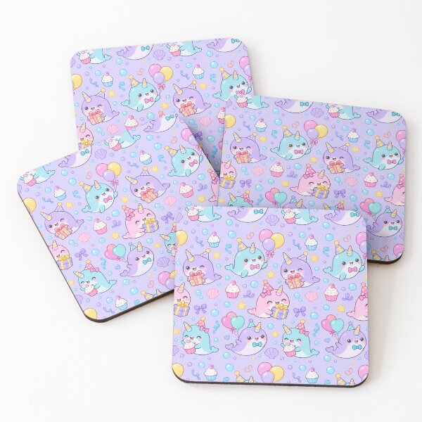 Item preview, Cute Kawaii Birthday Narwhals with Party Hats and Balloons Pastel Pattern designed and sold by Soft Berry Studio.