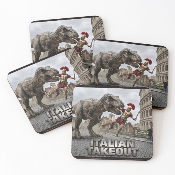 Item preview, Italian Takeout: Funny Roman Gladiator and T-Rex Movie Poster Art designed and sold by TeeBeeDesigns.