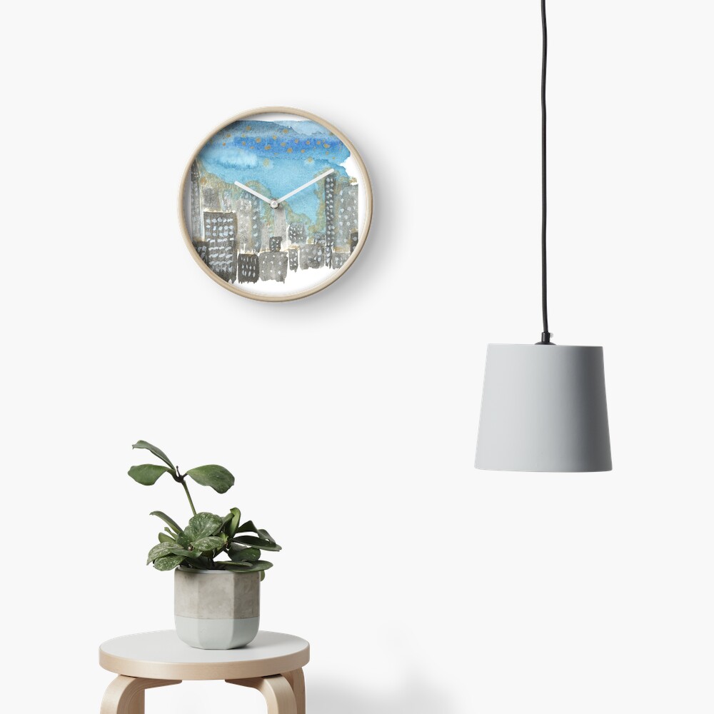 Original Watercolor Painting - City Skyline Clock