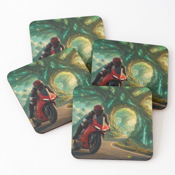 Item preview, Mitchk Emerald Root Gate - Motorcycle Rider Through a Glowing Enchanted Forest of Giant Roots and Floating Islands designed and sold by KGOart.