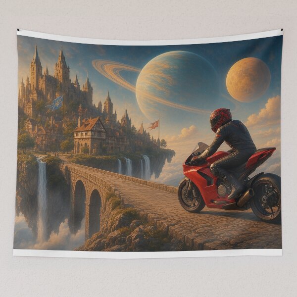 Item preview, Mitchk Skyborne Citadel - Motorcycle Rider on a Stone Bridge to a Floating Medieval City Under Alien Planets designed and sold by KGOart.