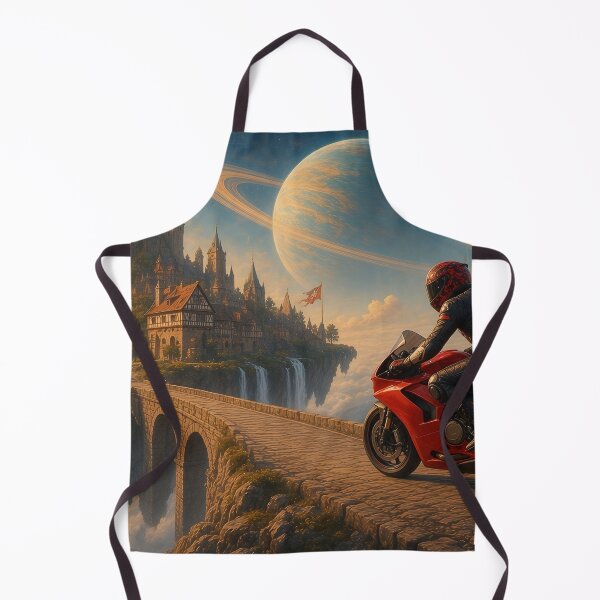 Item preview, Mitchk Skyborne Citadel - Motorcycle Rider on a Stone Bridge to a Floating Medieval City Under Alien Planets designed and sold by KGOart.