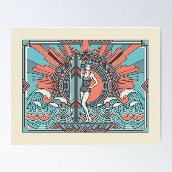 Item preview, Art Deco Surfer Girl Vintage Surf Retro Beach Ocean Graphic    designed and sold by KiwiRider.