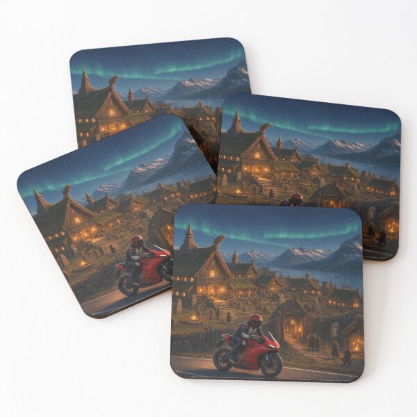 Item preview, Mitchk Northern Hearth - Motorcycle Rider Passing a Glowing Viking Village Under the Northern Lights designed and sold by KGOart.