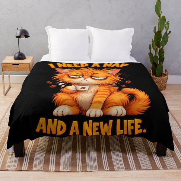 Item preview, I Need A Nap And A New Life Tired Grumpy Orange Cat Coffee designed and sold by Neon Bones Studio.
