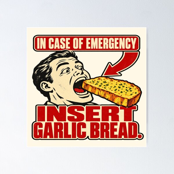 Item preview, Insert Garlic Bread Emergency Feeding Instructions designed and sold by POD DYNASTY | Original Print On Demand T-Shirt Graphics.