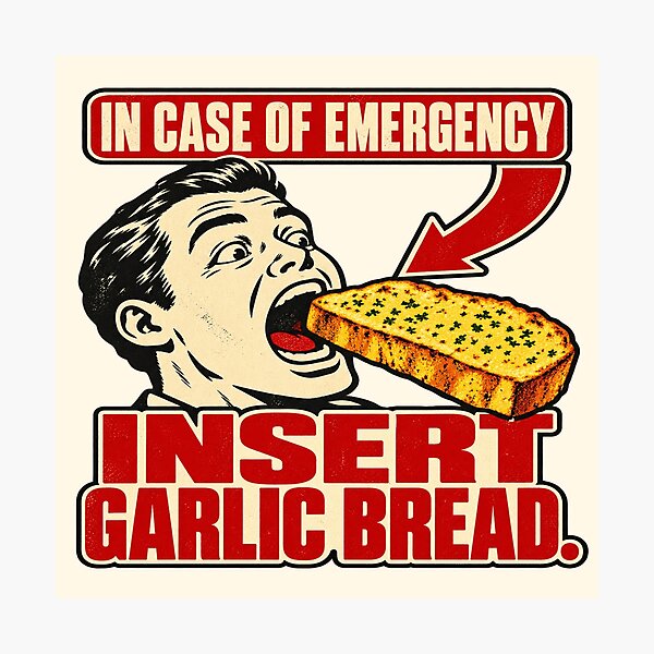 Item preview, Insert Garlic Bread Emergency Feeding Instructions designed and sold by POD DYNASTY | Original Print On Demand T-Shirt Graphics.