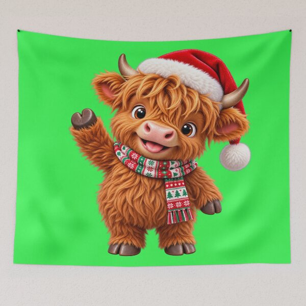 Item preview, Merry Moo Christmas – Waving Highland Cow in Santa Hat designed and sold by JanRizz.
