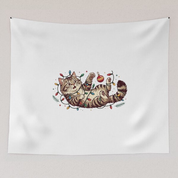 Item preview, Funny Christmas Cat Tangled in Holiday Lights Vintage Illustration designed and sold by YounexxART.