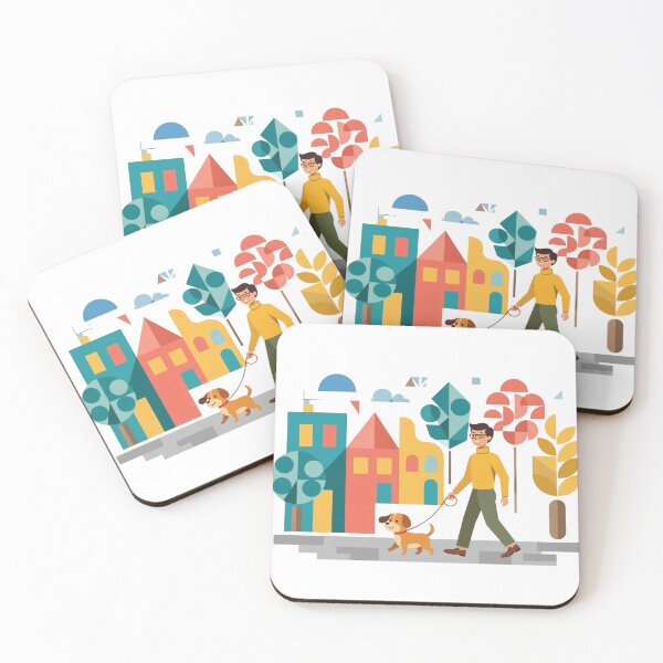 Item preview, Happy Man Walking Cute Dog In City designed and sold by ThePrintArt.