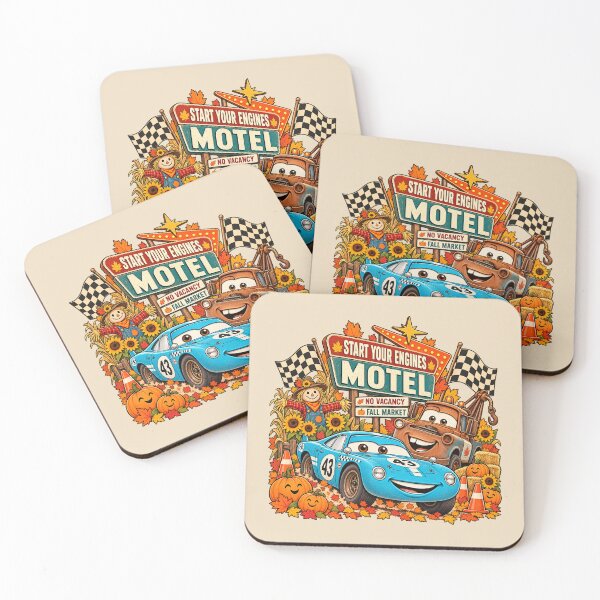Item preview, Retro Autumn Speedway Motel Blue Race Car Tow Truck Fall Art designed and sold by lamiarte.