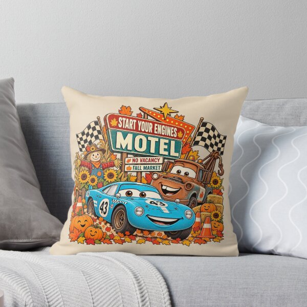 Item preview, Retro Autumn Speedway Motel Blue Race Car Tow Truck Fall Art designed and sold by lamiarte.