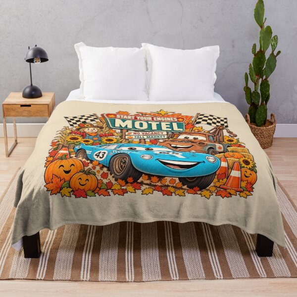 Item preview, Retro Autumn Speedway Motel Blue Race Car Tow Truck Fall Art designed and sold by lamiarte.