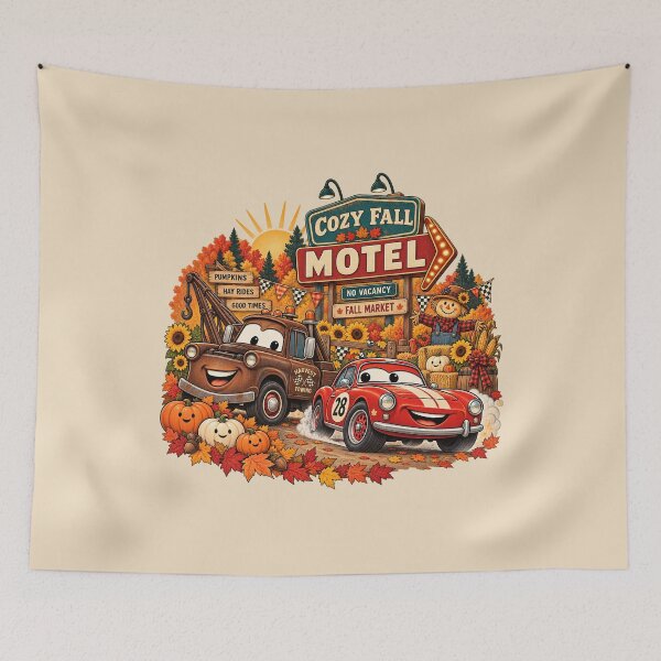 Item preview, Cozy Fall Motel Red Race Car Rusty Tow Truck Harvest Art designed and sold by lamiarte.