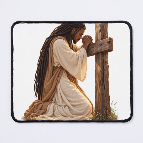 Item preview, Black Jesus Kneeling in Prayer Before the Cross designed and sold by The Everlasting Promise.