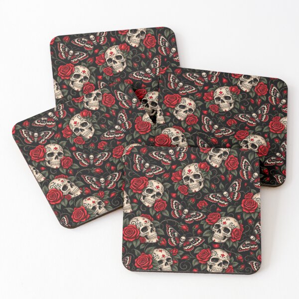 Item preview, Gothic Tattoo Skulls, Red Roses and Death's Head Moths Pattern designed and sold by Britishdelights.