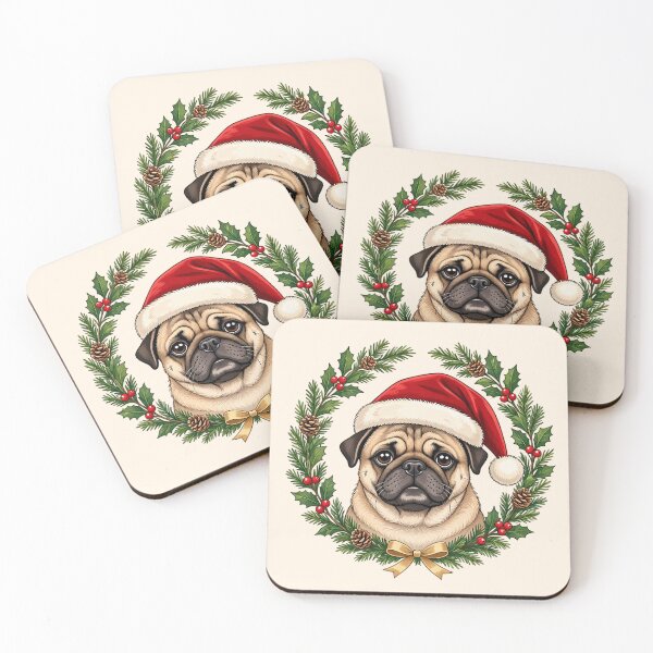 Item preview, Christmas Pug Wreath – Cute Dog in Santa Hat designed and sold by SweetLilith.