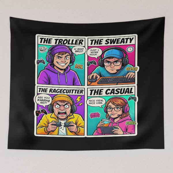 Item preview, Funny Types of Gamers Retro Pop Art Comic Grid designed and sold by PozivoPlus.