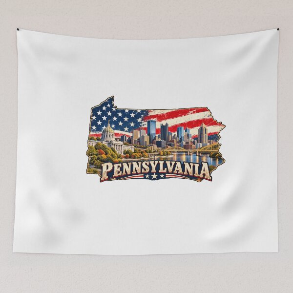 Item preview, Pennsylvania State Map American Flag | Vintage Pittsburgh Skyline Grunge Art designed and sold by Paper Drip.