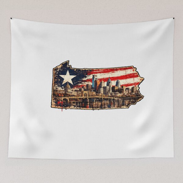 Item preview, Pennsylvania State Map American Flag | Vintage Pittsburgh Skyline Grunge Art designed and sold by Paper Drip.