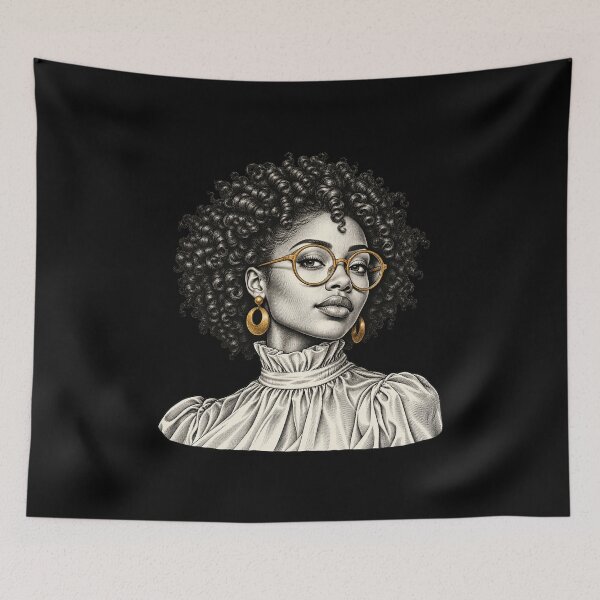 Item preview, Curly Hair and Gold Glasses Ink Portrait designed and sold by AMICO77.