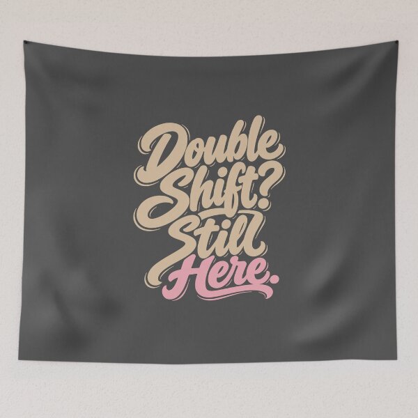 Item preview, Double Shift Still Here – Funny Nurse Bucket Hat RN Gift Beige Pink Script designed and sold by KiwyStudio.