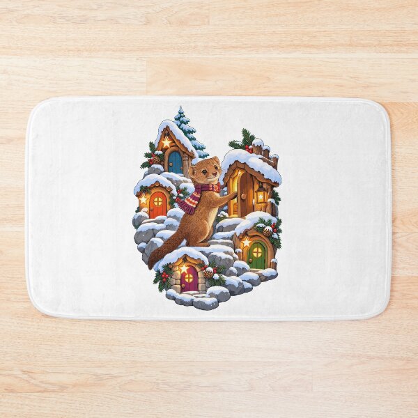 Item preview, Small dwarf mongoose in a snowy Advent mountain village designed and sold by Gloddeck Prints.