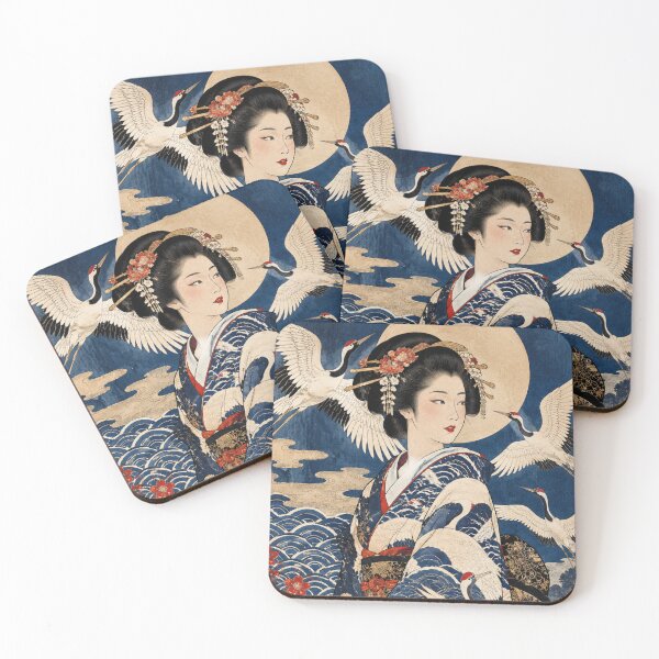 Item preview, Japanese Geisha under Full Moon with Flying Cranes and Waves Ukiyo-e Art designed and sold by vekotpu.