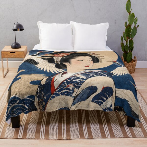 Item preview, Japanese Geisha under Full Moon with Flying Cranes and Waves Ukiyo-e Art designed and sold by vekotpu.