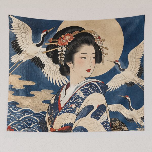 Item preview, Japanese Geisha under Full Moon with Flying Cranes and Waves Ukiyo-e Art designed and sold by vekotpu.