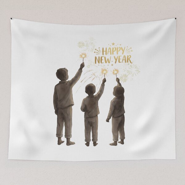 Item preview, Watercolor Style Illustration of Three Children Celebrating with Sparklers for Happy New Year designed and sold by VibranPalette.