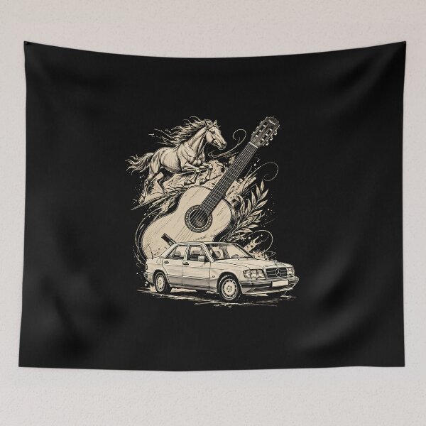 Item preview, Vintage Mercedes Benz, Acoustic Guitar and Galloping Horse – Classic Automotive Art designed and sold by Diviis7store.
