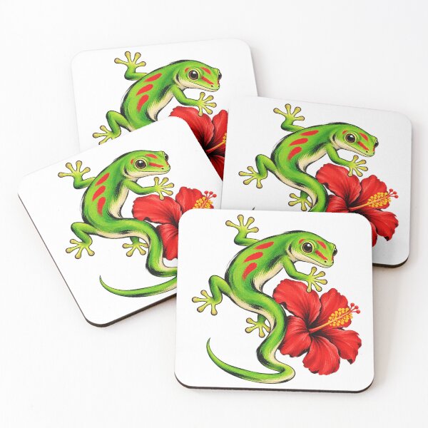 Item preview, Green Gecko and Red Hibiscus Brush Art designed and sold by Drip stamp.