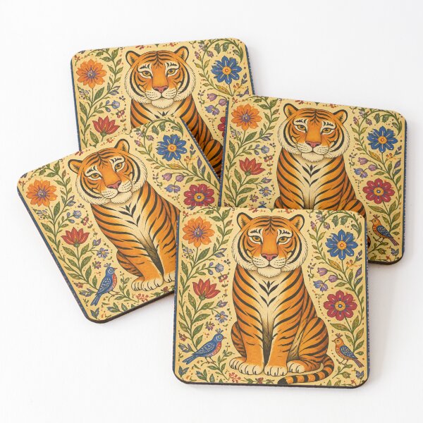 Item preview, Whimsical folk-art style tiger, surrounded by a botanical jungle and birds | Charming, naive-style animal art designed and sold by Knightofartx25.