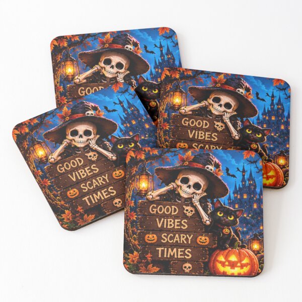 Item preview, Good Vibes Scary Times – Skeleton and Black Cat Halloween Art designed and sold by SAMORA ORIGINALS.