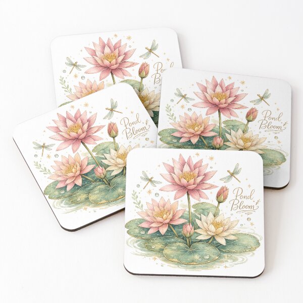 Item preview, Pond Blooms Pink Water Lilies Dragonflies Vintage Botanical Watercolor Art designed and sold by inkoutninja.