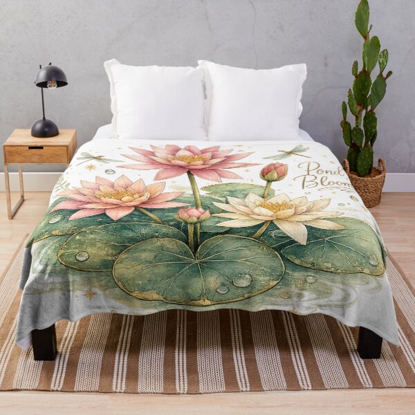 Item preview, Pond Blooms Pink Water Lilies Dragonflies Vintage Botanical Watercolor Art designed and sold by inkoutninja.
