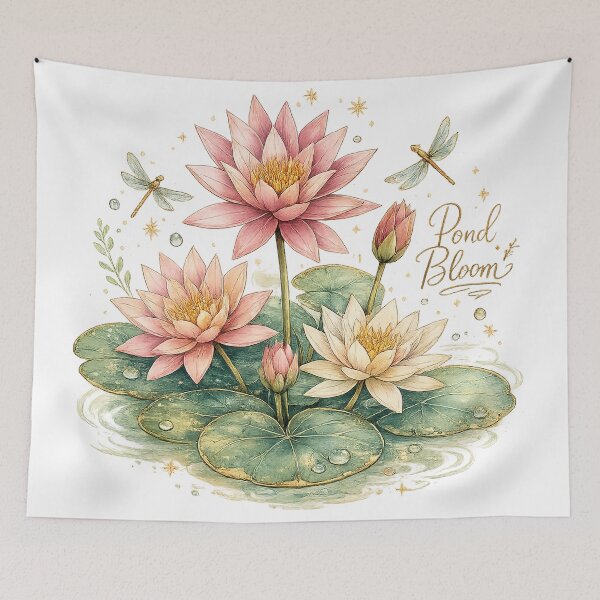 Item preview, Pond Blooms Pink Water Lilies Dragonflies Vintage Botanical Watercolor Art designed and sold by inkoutninja.
