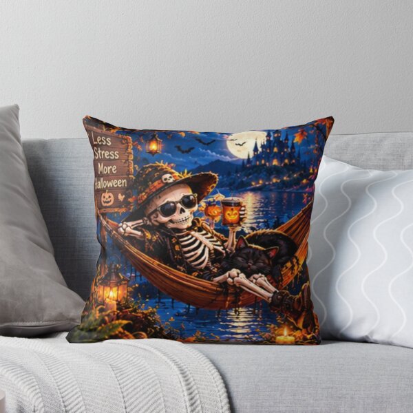 Item preview, Less Stress More Halloween – Relaxing Skeleton and Black Cat Art designed and sold by SAMORA ORIGINALS.