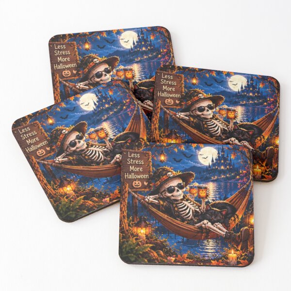 Item preview, Less Stress More Halloween – Relaxing Skeleton and Black Cat Art designed and sold by SAMORA ORIGINALS.